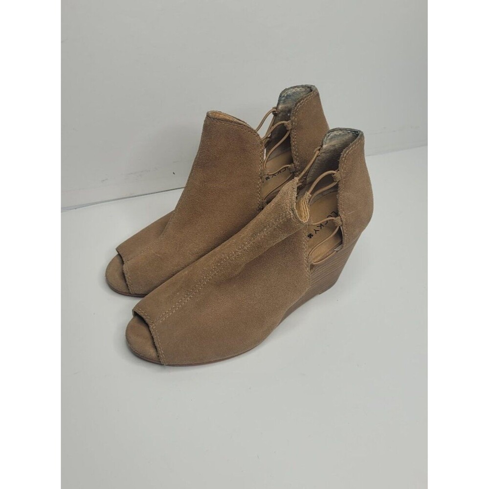 Lucky Brand Reevas Leather Peep Toe Wedge Booties Pull On Open Cut Outs size 9